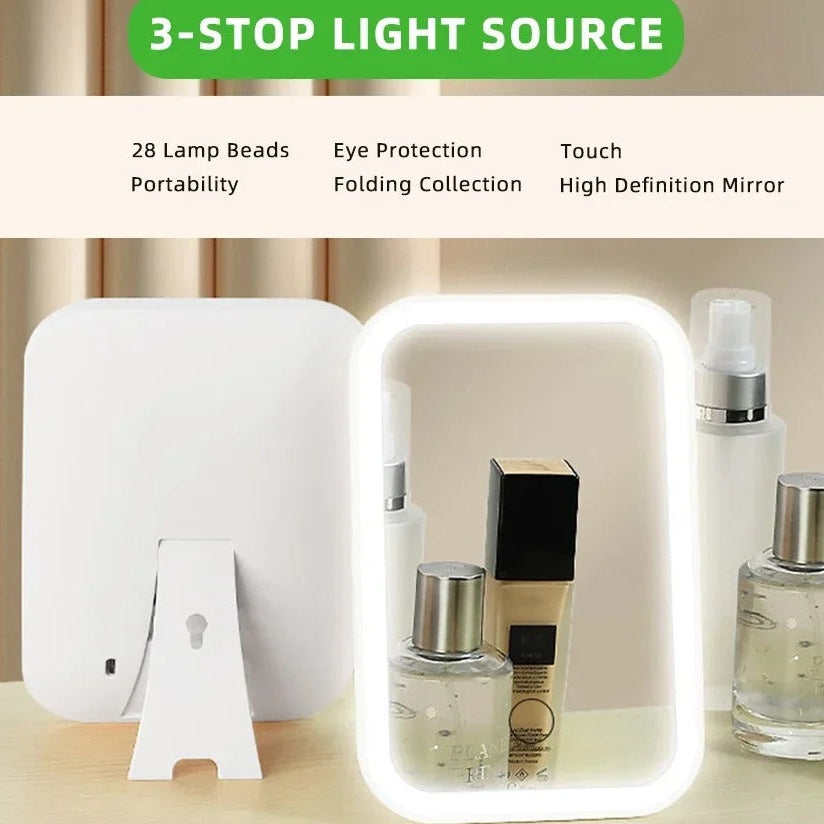 Lusterko Kosmetyczne LED z Ekranem Dotykowym – Składane, USB, 3 Tryby Światła